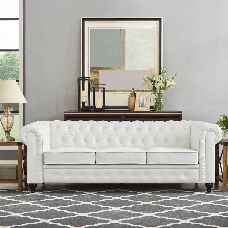 Set divano componibile Chesterfield 3 pezzi per soggiorno con braccioli arrotolati e cuscini imbottiti per salotto