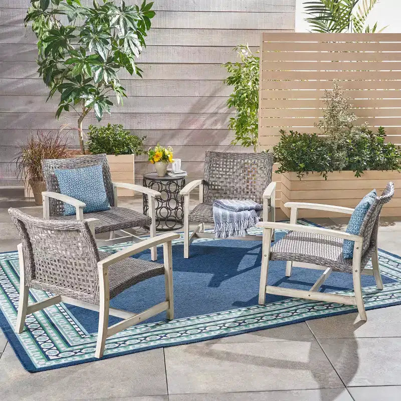 GDFStudio Savannah Outdoor Acacia Wood and Wicker Club Chairs (Set of 4), Gray/Mixed Black