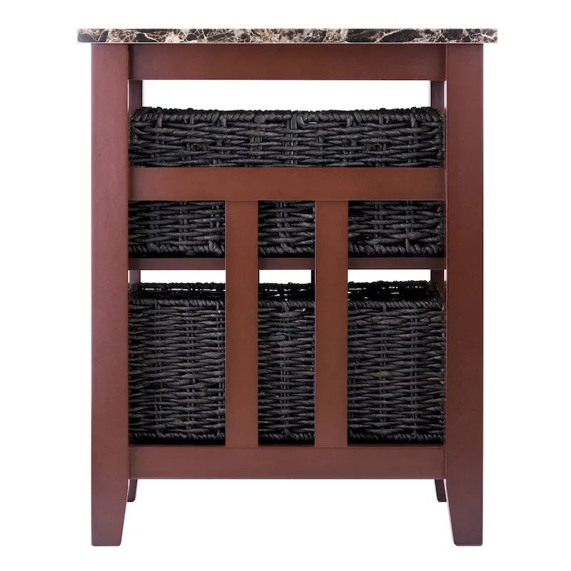 Zoey Accent Table with 2 Foldable Corn Husk Baskets, Faux Marble Top, Chocolate and Walnut - 16.54 x 20.08 x 25.04 inches