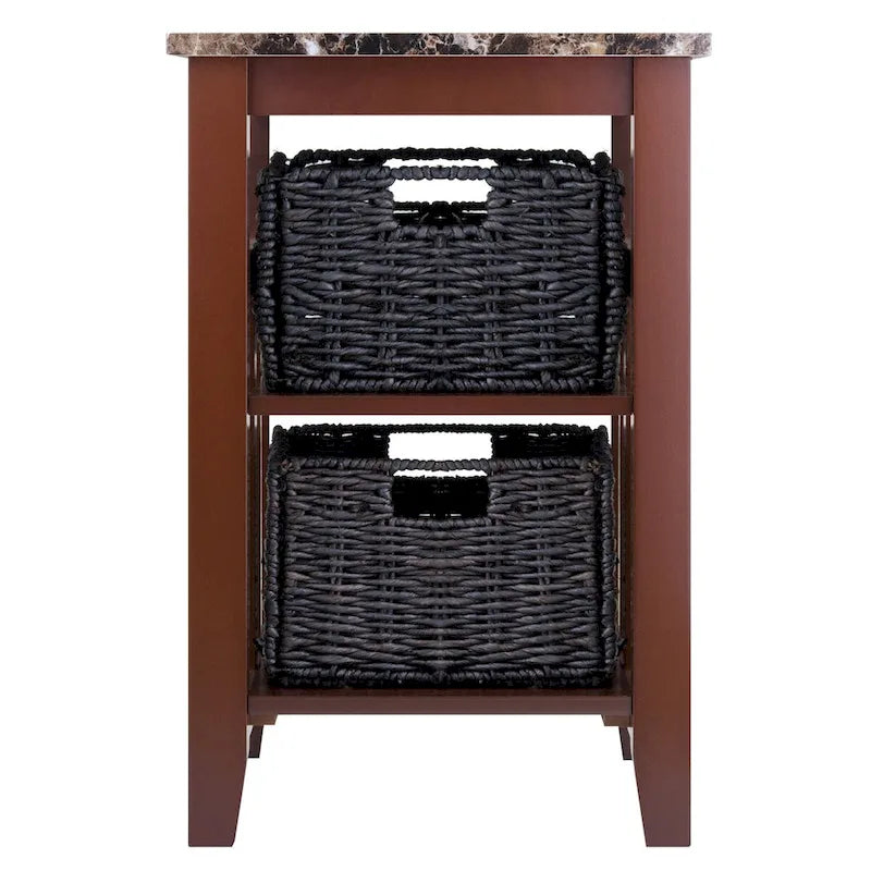 Zoey Accent Table with 2 Foldable Corn Husk Baskets, Faux Marble Top, Chocolate and Walnut - 16.54 x 20.08 x 25.04 inches