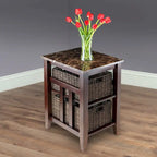 Zoey Accent Table with 2 Foldable Corn Husk Baskets, Faux Marble Top, Chocolate and Walnut - 16.54 x 20.08 x 25.04 inches