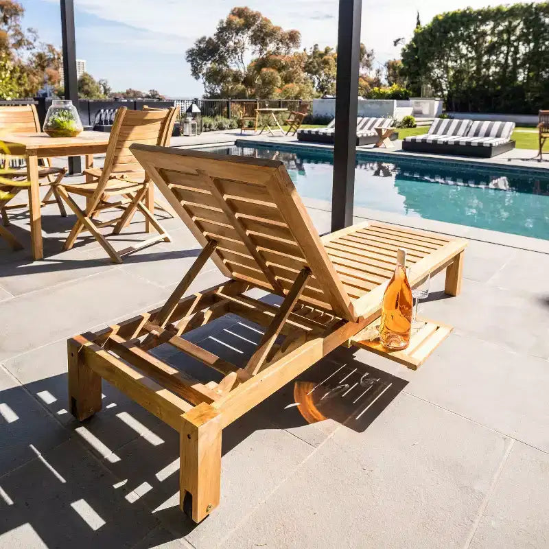 Nordic Teak Natural Outdoor Chaise Lounger with Side Table - Beige