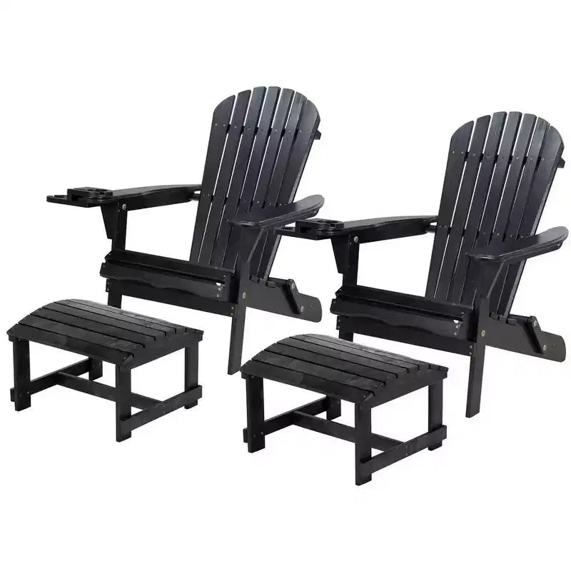 Jiallo Foldable Adirondack Chair with cup holder Conversation Set, 2 Foldable Adirondack Chairs with cup holders with Ottoman
