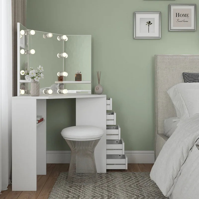Corner Makeup Vanity Desk with 5 Drawers