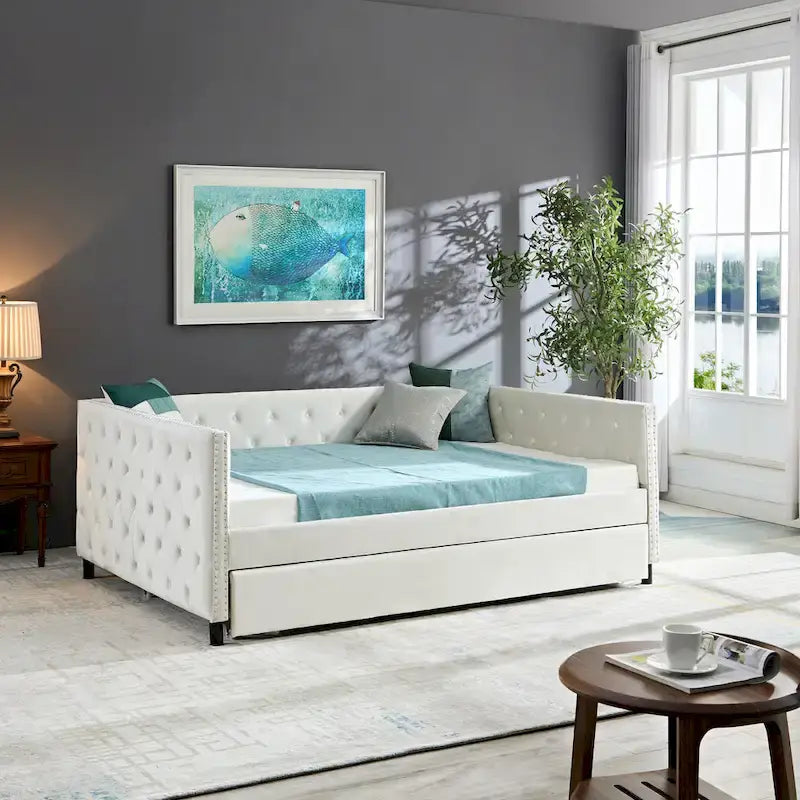 Full Size Velvet Daybed Upholstered Sofa Bed With Wheels, Button And Copper Nail