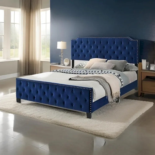 Agapi California King Bed, Button Tufted, Nailhead Trim, Navy Upholstery