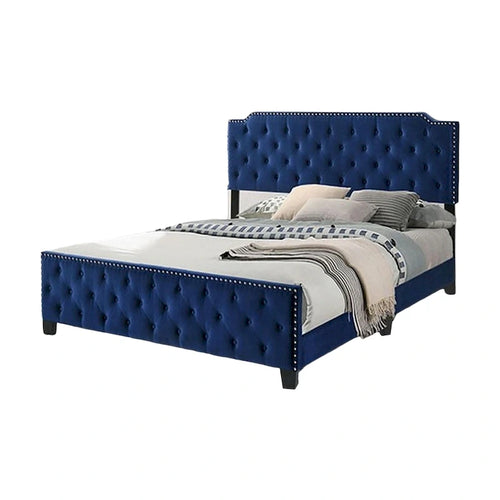 Letto California King Agapi, capitonné, borchie decorative, tappezzeria blu nautico