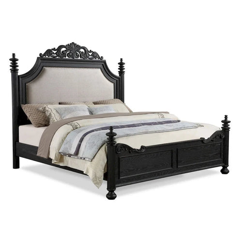 Letto matrimoniale Berry, testiera a volute, rivestimento in tessuto crema, legno nero