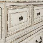 Magnolia Manor Antique White & Weathered Bark Upholstered Sleigh Bed, Dresser and Mirror, and Nightstand Set