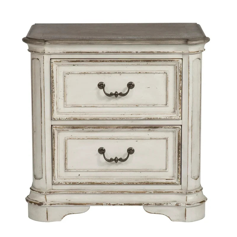 Magnolia Manor Antique White & Weathered Bark Upholstered Sleigh Bed, Dresser and Mirror, and Nightstand Set