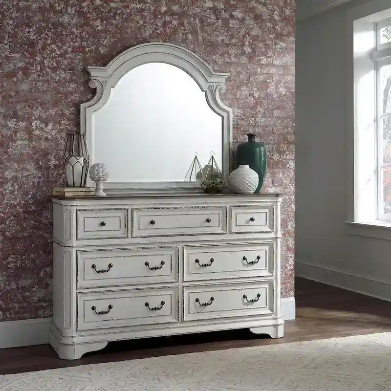 Magnolia Manor Antique White & Weathered Bark Upholstered Sleigh Bed, Dresser and Mirror, and Nightstand Set