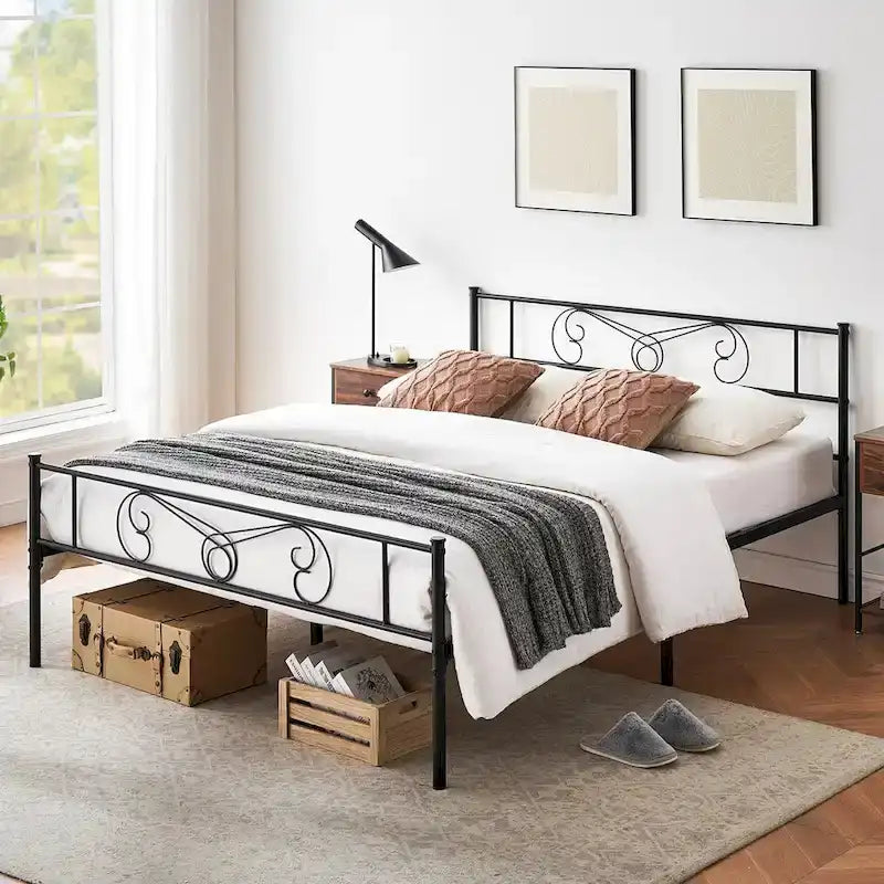Bed Frame with Storage, with Vintage Pattern Headboard and Footboard, Load Up to 800Lbs