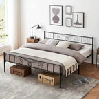 Bed Frame with Storage, with Vintage Pattern Headboard and Footboard, Load Up to 800Lbs
