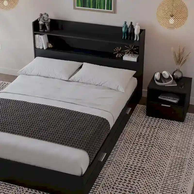 Letto a piattaforma Hunter con testiera e comodino a 1 cassetto