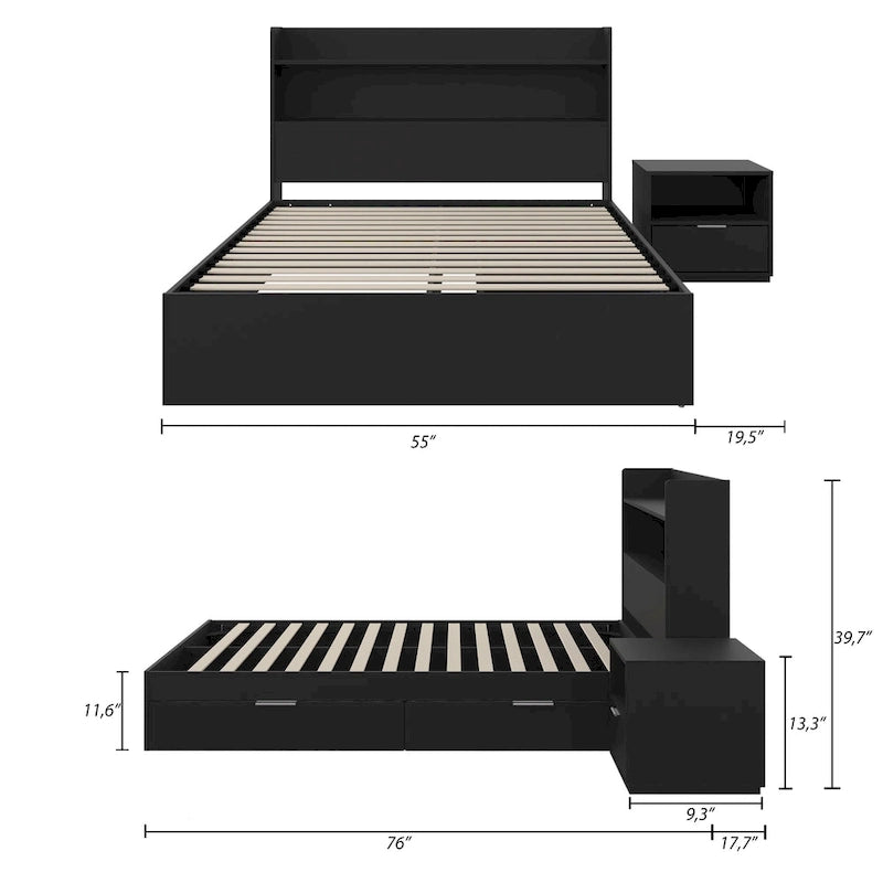 Letto a piattaforma Hunter con testiera e comodino a 1 cassetto