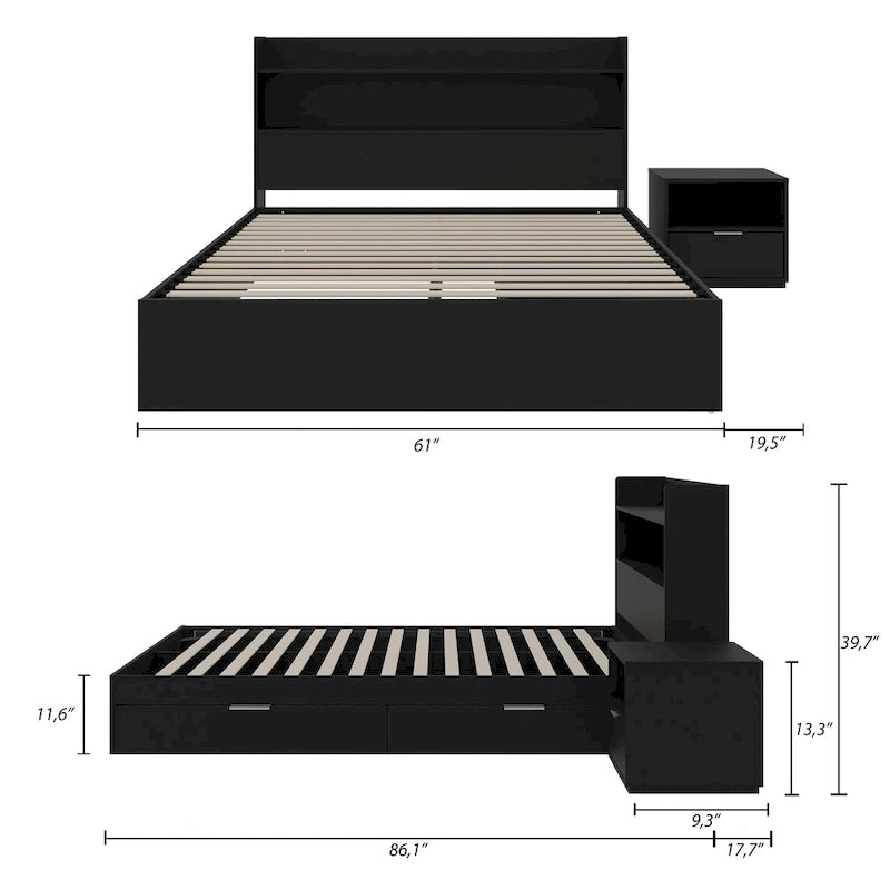 Letto a piattaforma Hunter con testiera e comodino a 1 cassetto