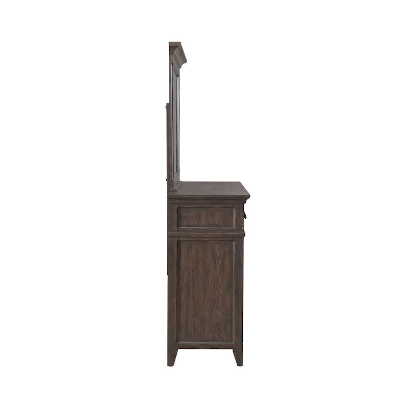 Paradise Valley Saddle Brown Upholstered Bed, Dresser and Mirror, & Nightstand