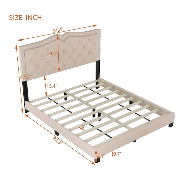 Queen Size Velvet Upholstered Platform Bed with Tufted Headboard