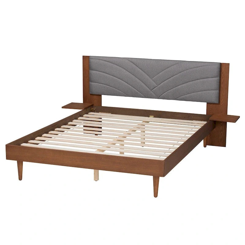 Hemera Mid-Century Modern Grey Fabric and Walnut Brown Wood Queen Size Platform Bed With Floating Side Table