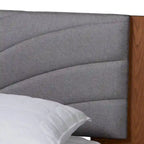 Hemera Mid-Century Modern Grey Fabric and Walnut Brown Wood Queen Size Platform Bed With Floating Side Table