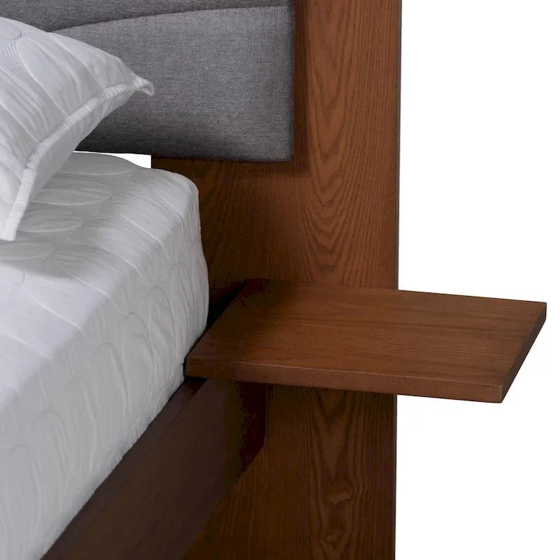 Hemera Mid-Century Modern Grey Fabric and Walnut Brown Wood Queen Size Platform Bed With Floating Side Table