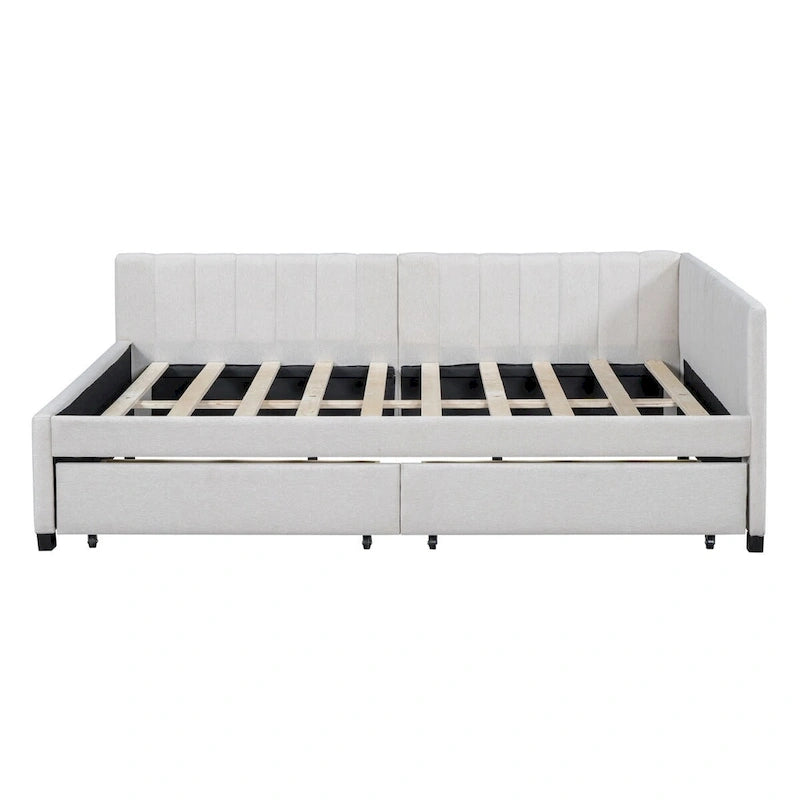 Full Size Upholstered Daybed with 2 Storage Drawers Sofa Bed Frame No Box Spring Needed, Linen Fabric (Beige)