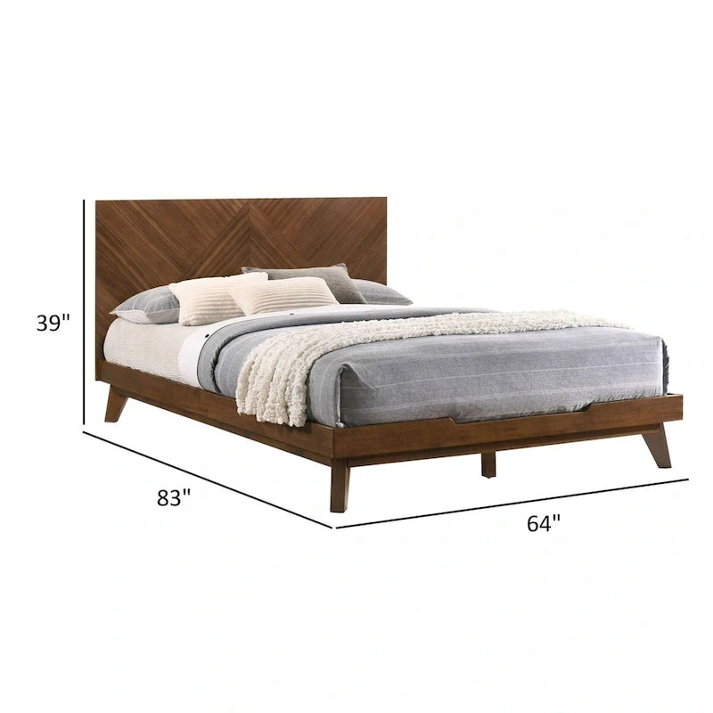 Soer Queen Bed, Chevron Pattern Tall Headboard, Walnut Brown Solid Wood