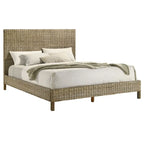 Letto matrimoniale Ayla, design in rattan intrecciato, testiera a pannelli, mogano grigio