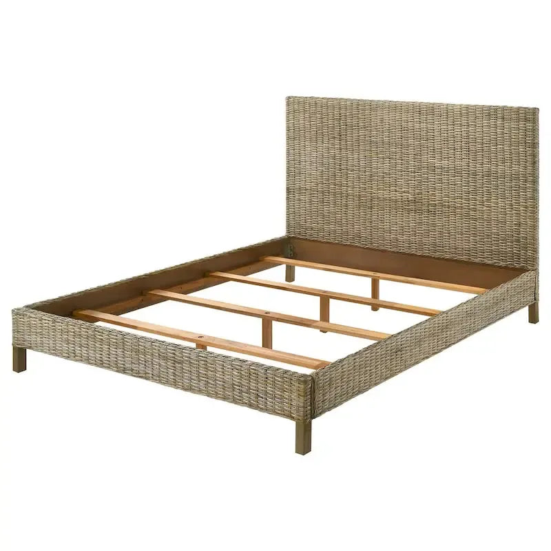 Letto matrimoniale Ayla, design in rattan intrecciato, testiera a pannelli, mogano grigio