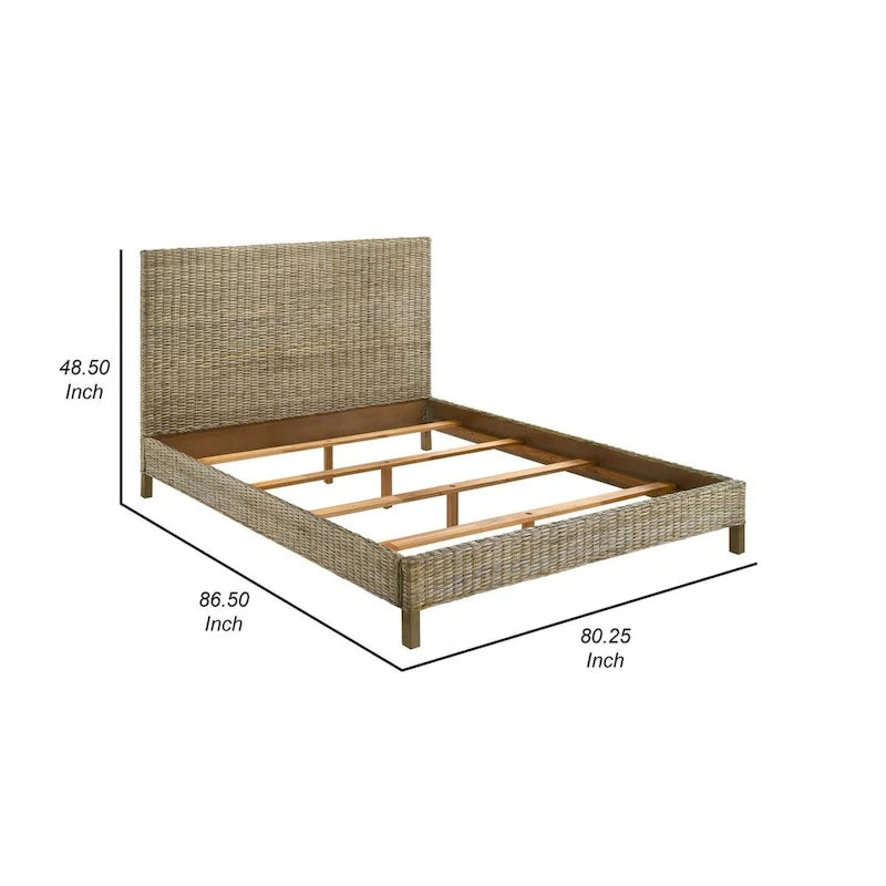Letto matrimoniale Ayla, design in rattan intrecciato, testiera a pannelli, mogano grigio