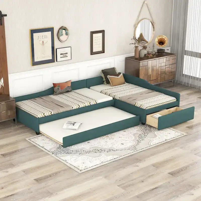 Divano letto imbottito matrimoniale singolo con letto estraibile e cassetto, verde