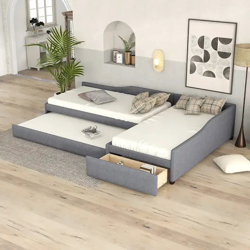 Divano letto imbottito matrimoniale singolo con letto estraibile e cassetto, verde