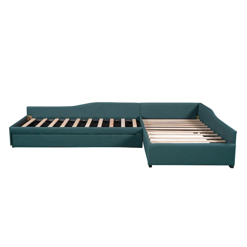Divano letto imbottito matrimoniale singolo con letto estraibile e cassetto, verde