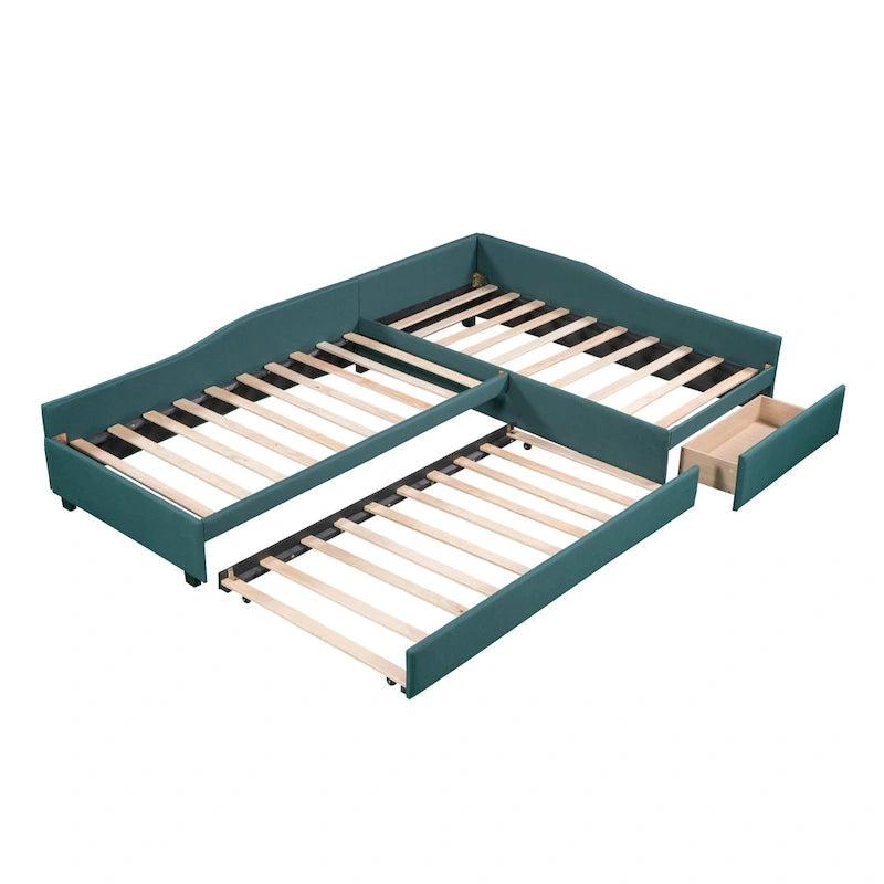 Divano letto imbottito matrimoniale singolo con letto estraibile e cassetto, verde