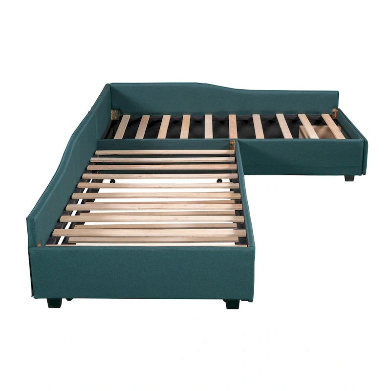Divano letto imbottito matrimoniale singolo con letto estraibile e cassetto, verde