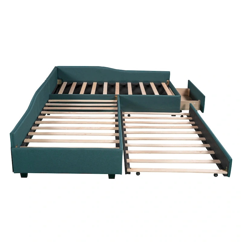 Divano letto imbottito matrimoniale singolo con letto estraibile e cassetto, verde