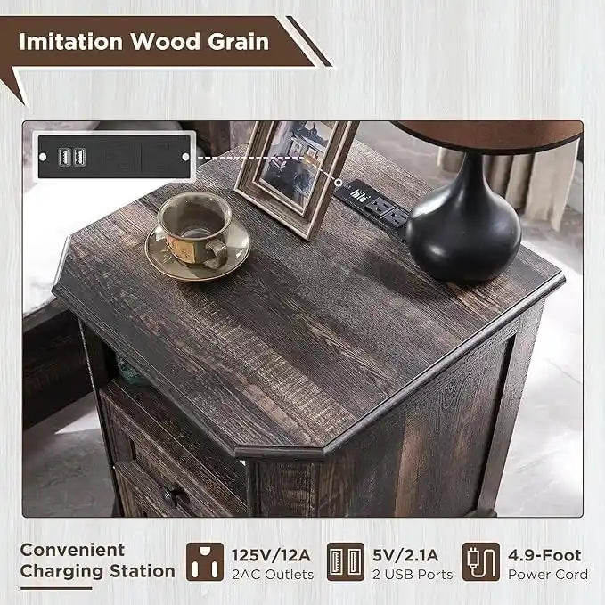 18 Farmhouse Nightstand with Charging Station, End Table,Side Table