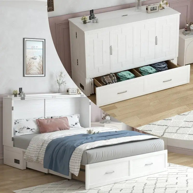 Mixoy Modern Murphy Bed Chest with Mattress,Storage Drawer,Charging Station