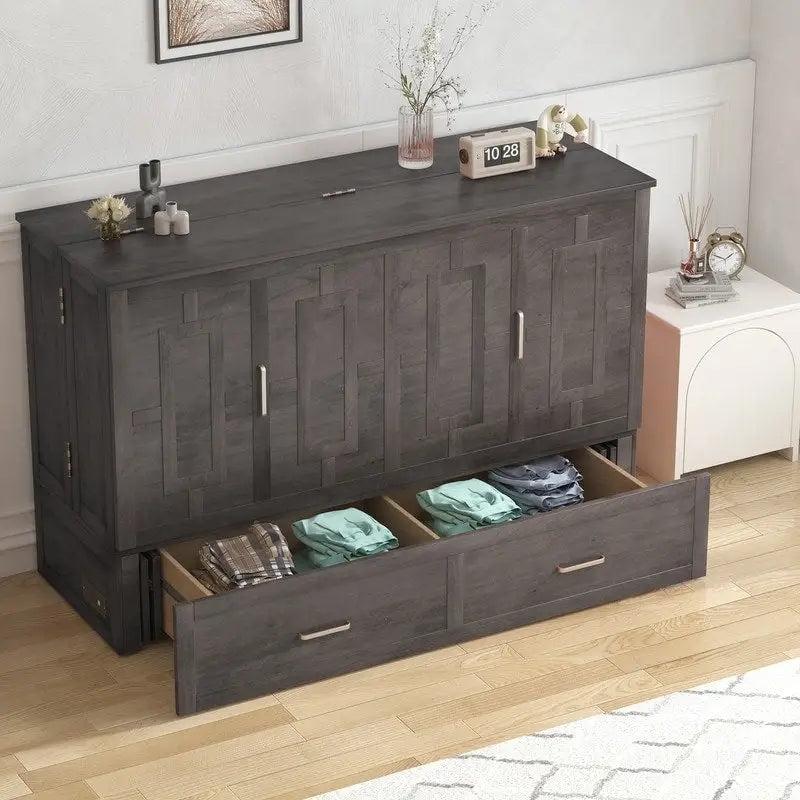 Mixoy Modern Murphy Bed Chest with Mattress,Storage Drawer,Charging Station