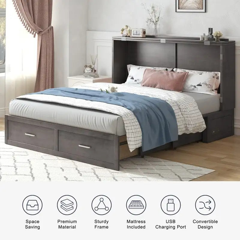 Mixoy Modern Murphy Bed Chest with Mattress,Storage Drawer,Charging Station