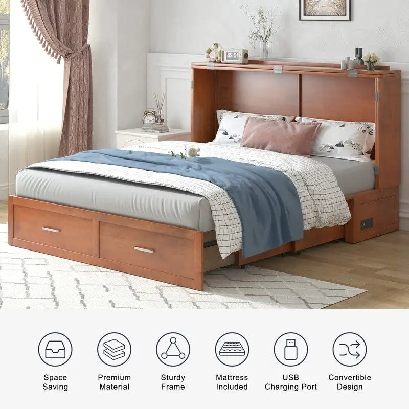 Mixoy Modern Murphy Bed Chest with Mattress,Storage Drawer,Charging Station