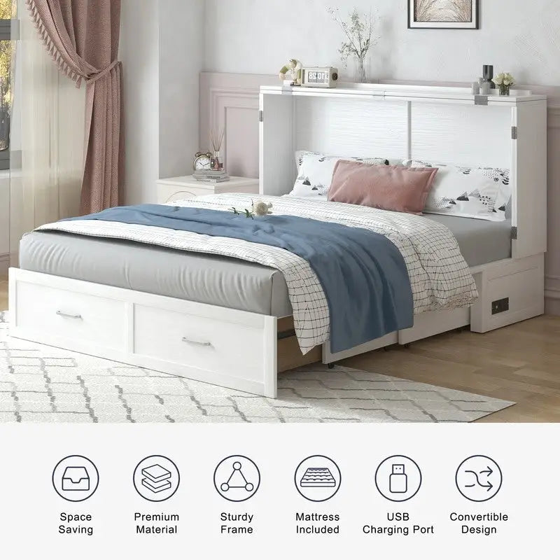 Mixoy Modern Murphy Bed Chest with Mattress,Storage Drawer,Charging Station