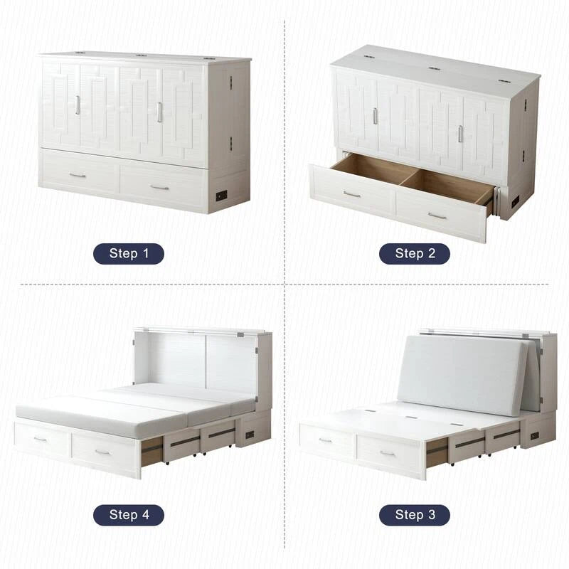 Mixoy Modern Murphy Bed Chest with Mattress,Storage Drawer,Charging Station