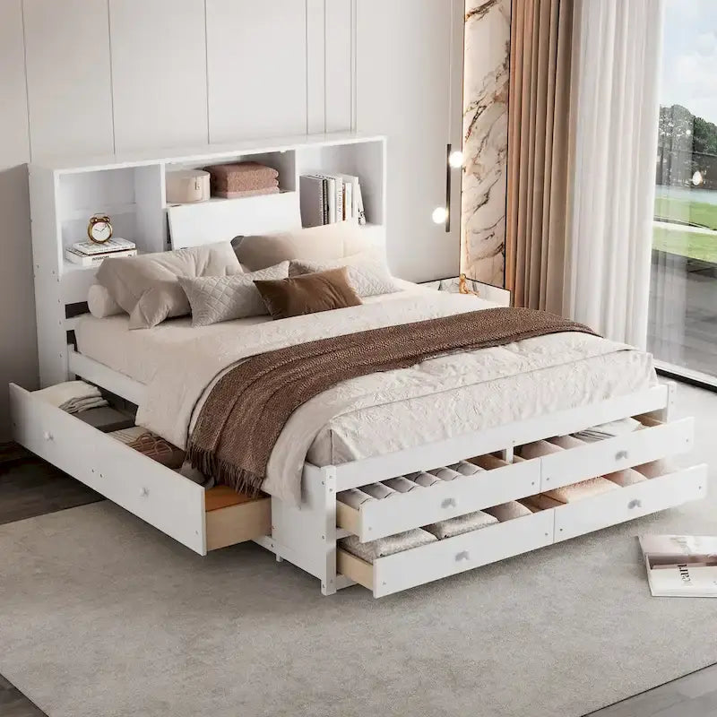 Letto a piattaforma Queen Size con testiera contenitore