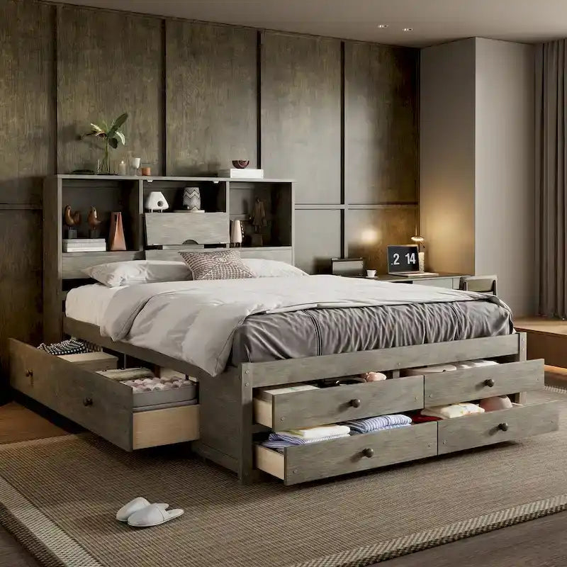 Letto a piattaforma Queen Size con testiera contenitore