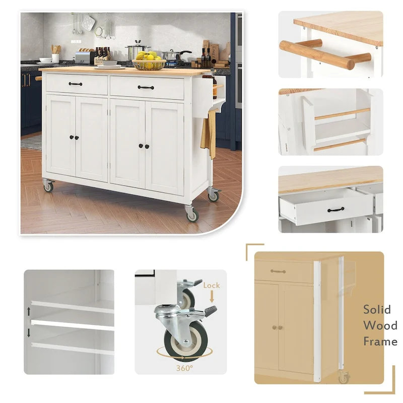 Kitchen Island Cart With Solid Wood Top and Locking Wheels