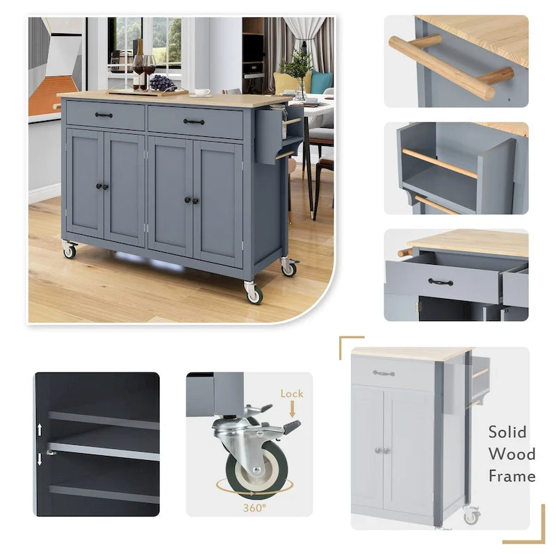Kitchen Island Cart With Solid Wood Top and Locking Wheels