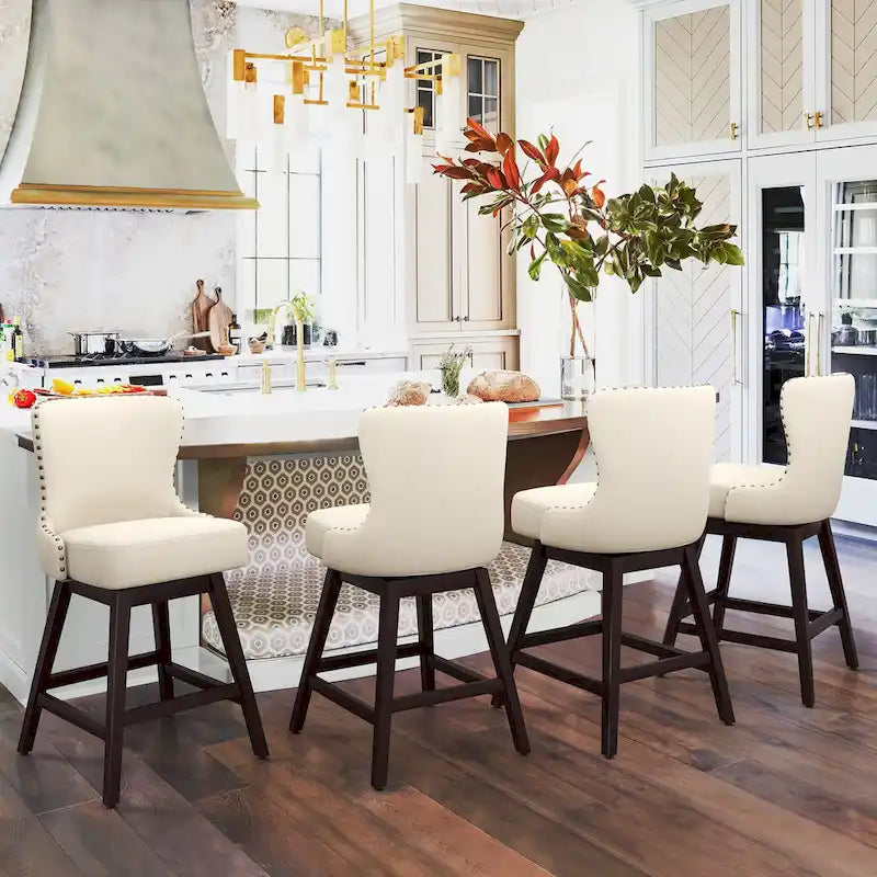 LUE BONA 26 in. Mid-Century Modern Wood Frame Swivel Bar Stools with Faux Leather and Linen Upholstered SeatSet of 4