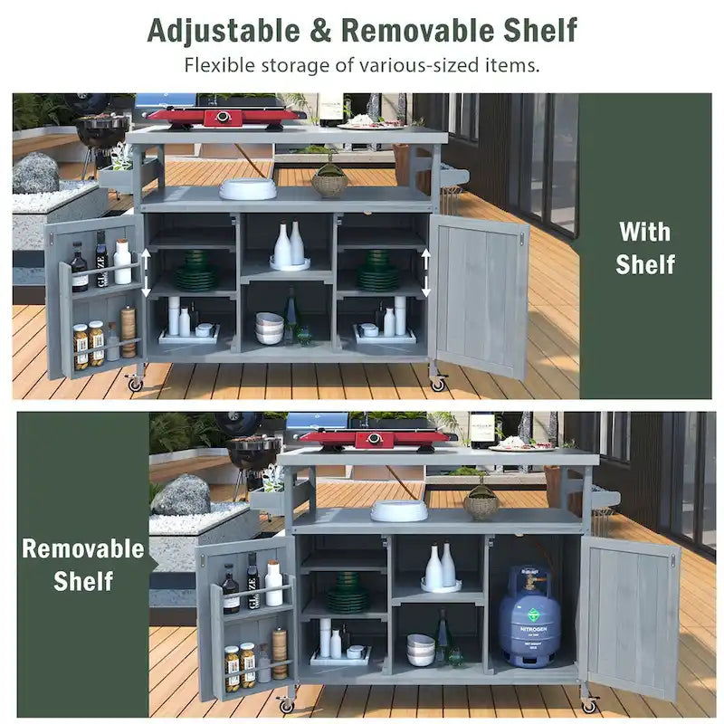 Outdoor kitchen island with rolling cart and stainless steel top