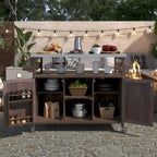 Outdoor Kitchen Island, Rolling Bar Cart & Storage Cabinet, Farmhouse Outdoor Grill Table with Stainless Steel Top & Towel Rack